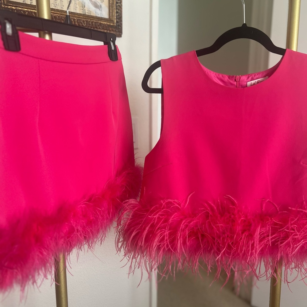 Vibrant Pink Feather Trim Skirt Set